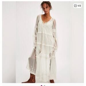 Free People Stevie Maxi Dress Mesh Embroidered Boho Western SZ XL Bridal
